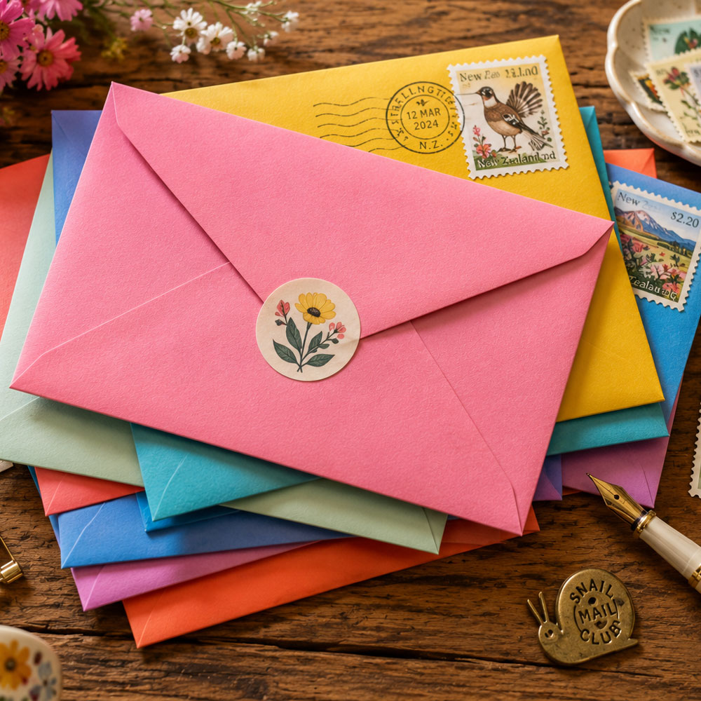 Stack of colorful pastel envelopes with New Zealand stamps, a floral wax seal sticker, and a Snail Mail Club brass emblem on a wooden desk